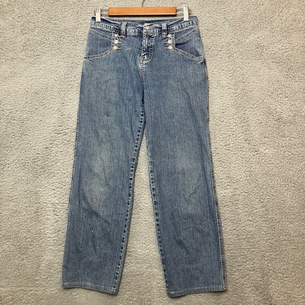 VTG Guess Jeans Women 6 Sailor Button Embellished Straight Wide Leg Med Wash Y2K